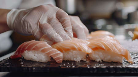 A close-up of sushi rice being shaped into nigiri by a skilled chef, with delicate slices of fresh fish placed on top to create a perfect bite-sized sushi pieceの素材
