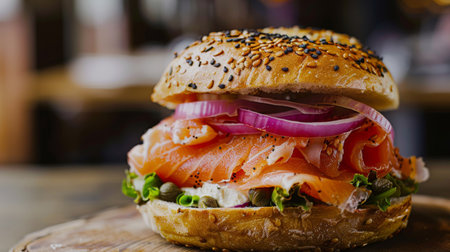 A gourmet sandwich filled with smoked salmon, cream cheese, red onion, and capers on a toasted bagel, a classic brunch favoriteの素材