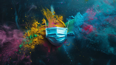 Top view of colorful holi powder with multicolored medical mask holi paint on dark background.の素材