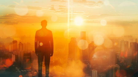 The double exposure image of the businessman standing back during sunrise overlay with cityscape image.の素材