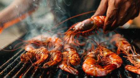 A chef basting freshwater prawns with a flavorful marinade as they cook on a hot grill, infusing them with mouthwatering smoky flavorsの素材