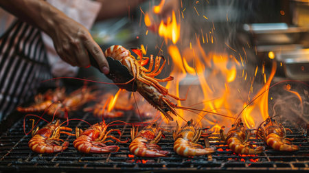 A chef flipping river prawns on a barbecue grill, the flames licking the shells as they cook to perfection, releasing irresistible aromasの素材