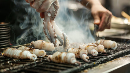 A chef basting squid with a flavorful marinade as they cook on a hot grill, infusing them with mouthwatering smoky flavors and aromasの素材