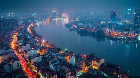 Smart city and wireless communication network concept. Digital network connection lines of Hanoi city, Vietnamの素材