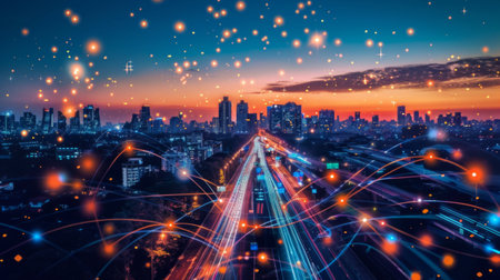 Smart city with speed line glowing light trail surround the city.の素材