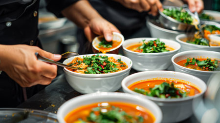 A chef adding a final flourish to bowls of tom yum soup with a sprinkle of chopped cilantro and a drizzle of chili oil, ready to be served to hungry dinersの素材