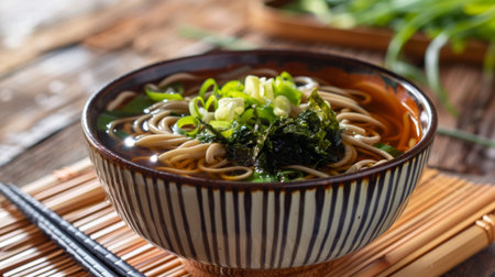 A bowl of cold soba noodles topped with wakame seaweed, sliced green onions, and a splash of soy sauce, a refreshing and light Japanese dishの素材