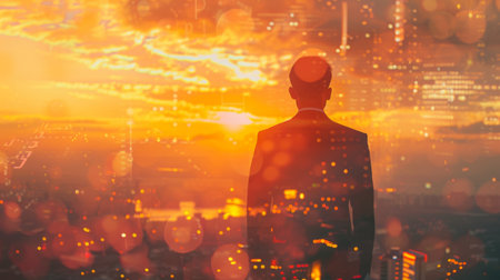 The double exposure image of the businessman standing back during sunrise overlay with cityscape image.の素材