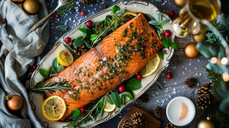 A festive holiday spread with a whole roasted salmon centerpiece, garnished with fresh herbs and lemon slices, ready to be carved and enjoyed by guestsの素材