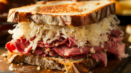 A close-up of a classic Reuben sandwich with layers of corned beef, sauerkraut, Swiss cheese, and Russian dressing on rye bread, a hearty and satisfying choiceの素材