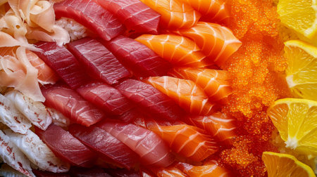 A close-up of colorful and intricately arranged slices of fresh tuna, salmon, and yellowtail atop a bed of sushi rice, showcasing the artistry of Japanese cuisineの素材
