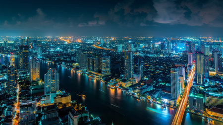 Smart network and Connection technology concept with Bangkok city background at night in Thailand, Panorama viewの素材