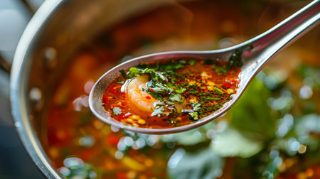 A close-up of a spoonful of tom yum soup held by a pair of chopsticks, showcasing the vibrant colors and aromatic herbs of this classic Thai dishの素材