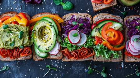 A colorful assortment of vegan sandwiches filled with hummus, roasted vegetables, and avocado on whole grain bread, a healthy and satisfying optionの素材