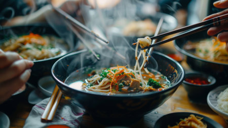 A group of friends gathered around a table, enjoying bowls of hot and spicy tom yum soup, with steam rising and chopsticks poised to take a biteの素材