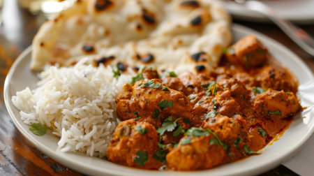 A plate of aromatic and spicy chicken vindaloo served with steamed rice and naan bread, a classic Goan dish known for its bold flavors and fiery heatの素材