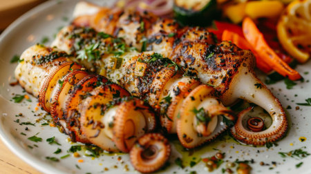 A mouthwatering plate of grilled squid tubes stuffed with fragrant herb and garlic butter, served with a side of roasted vegetablesの素材
