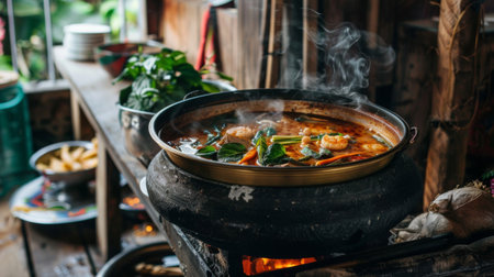 A rustic Thai kitchen scene with a pot of tom yum soup simmering over a wood-fired stove, filling the air with fragrant herbs and spicesの素材