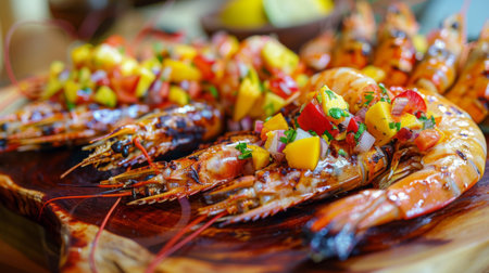 A platter of grilled river prawns served with a colorful mango salsa, adding a sweet and tangy twist to the smoky seafood flavorsの素材