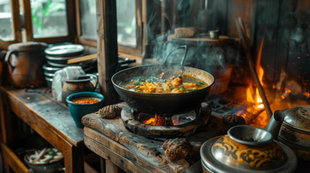 A rustic Thai kitchen scene with a pot of tom yum soup simmering over a wood-fired stove, filling the air with fragrant herbs and spicesの素材