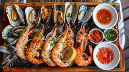 A seafood lover's dream - a tray of grilled river prawns served with steamed clams, mussels, and a variety of dipping sauces for a decadent feastの素材