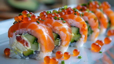 A plate of vibrant salmon sushi rolls, adorned with fresh avocado, cucumber, and roe, a delicious and visually stunning Japanese delicacyの素材