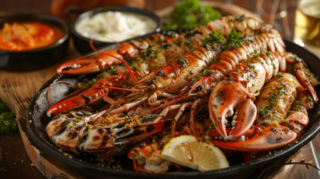 A seafood lover's delight - a platter of grilled river prawns, crab legs, and lobster tails, served with melted butter and lemon wedgesの素材