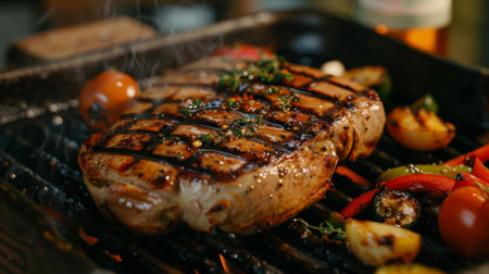 A sizzling pork steak fresh off the grill, adorned with grill marks and served with a side of roasted vegetables, enticing viewers with its juicy perfectionの素材