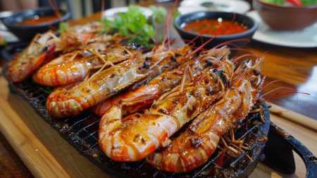 A platter of jumbo river prawns charred to perfection on a barbecue grill, served with a side of spicy seafood dipping sauceの素材