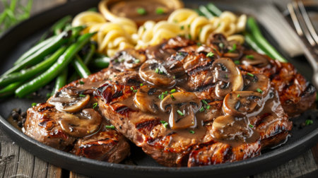 A platter of grilled pork steaks smothered in a savory mushroom gravy, served with buttered noodles and steamed green beansの素材