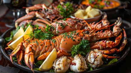 A seafood platter featuring a variety of grilled river prawns, lobster tails, and crab legs, served with drawn butter and lemon wedgesの素材