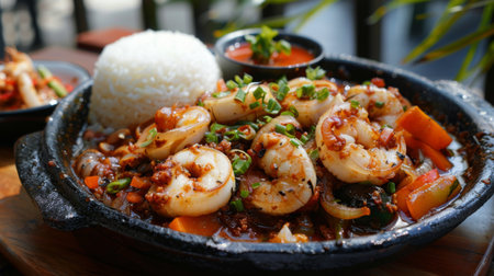 A sizzling skillet of grilled squid tossed in a spicy chili garlic sauce, served with a side of steamed rice and stir-fried vegetablesの素材