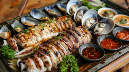 A seafood lover's dream - a tray of grilled squid served with steamed clams, mussels, and a variety of dipping sauces for a decadent feastの素材