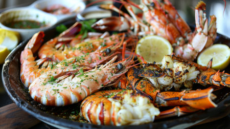 A seafood platter featuring a variety of grilled river prawns, lobster tails, and crab legs, served with drawn butter and lemon wedgesの素材