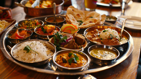 A traditional Indian thali meal served on a stainless steel platter, featuring a variety of vegetarian and non-vegetarian dishes, rice, bread, and dessertsの素材