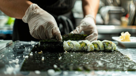 A sushi chef crafting hand rolls filled with fresh crab, avocado, and wakame seaweed, wrapped in crisp nori and served with soy sauce and wasabiの素材