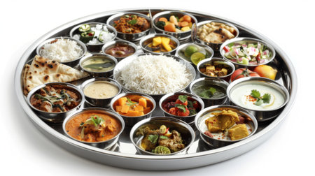 A traditional Indian thali meal served on a stainless steel platter, featuring a variety of vegetarian and non-vegetarian dishes, rice, bread, and dessertsの素材