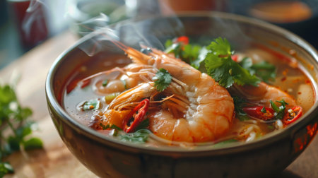 A steaming bowl of spicy tom yum soup filled with plump shrimp, fresh herbs, and chili peppers, with aromatic steam rising, enticing viewers with its bold flavorsの素材