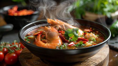 A steaming bowl of spicy tom yum soup filled with plump shrimp, fresh herbs, and chili peppers, with aromatic steam rising, enticing viewers with its bold flavorsの素材