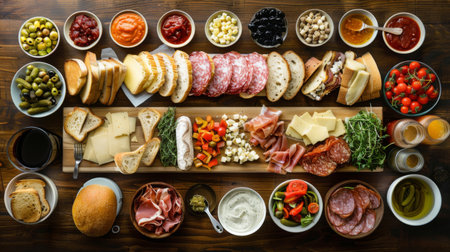 A top-down view of a sandwich bar set up with a variety of bread, meats, cheeses, and condiments, allowing guests to customize their own delicious creationsの素材