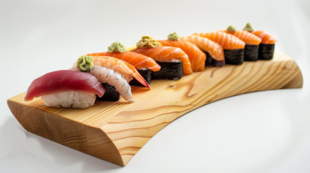 A wooden sushi board displaying a selection of nigiri sushi topped with slices of fresh fish, arranged in a visually appealing and appetizing mannerの素材
