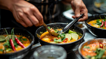 A chef garnishing bowls of tom yum soup with fresh lime wedges, Thai bird's eye chilies, and cilantro, adding a burst of citrus and heat to the spicy brothの素材