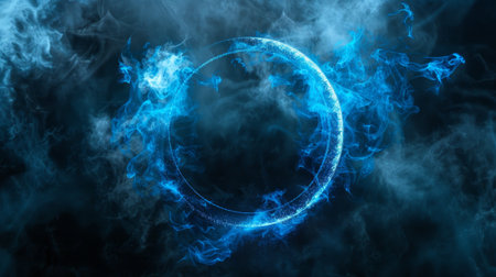 Neon blue color geometric circle on a dark background. Round mystical portal. Mockup for your logo.の素材