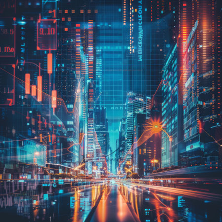 Stock market business concept. Financial graphs and digital indicators with modernistic urban area and skyscrapers as background.の素材