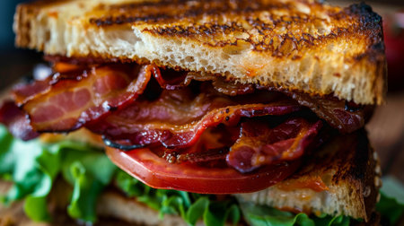 A close-up of a classic BLT sandwich with crispy bacon, lettuce, and tomato layered between slices of toasted bread, ready to be devouredの素材