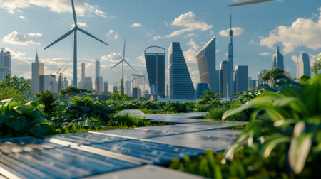 wind turbine farm, Solar panel and smart city in the background. renewable energy. sustainable and environmentally friendly.3D renderingの素材