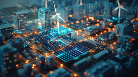 solar cell plant and wind generators in the urban area connected to the smart grid.の素材