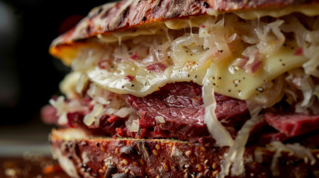 A close-up of a classic Reuben sandwich with layers of corned beef, sauerkraut, Swiss cheese, and Russian dressing on rye bread, a hearty and satisfying choiceの素材