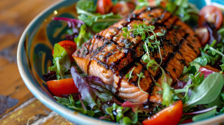 A colorful salad bowl filled with mixed greens, cherry tomatoes, and slices of grilled salmon, drizzled with balsamic vinaigretteの素材