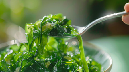 A hand holding a spoonful of wakame seaweed salad, showcasing its glossy texture and vibrant green colorの素材